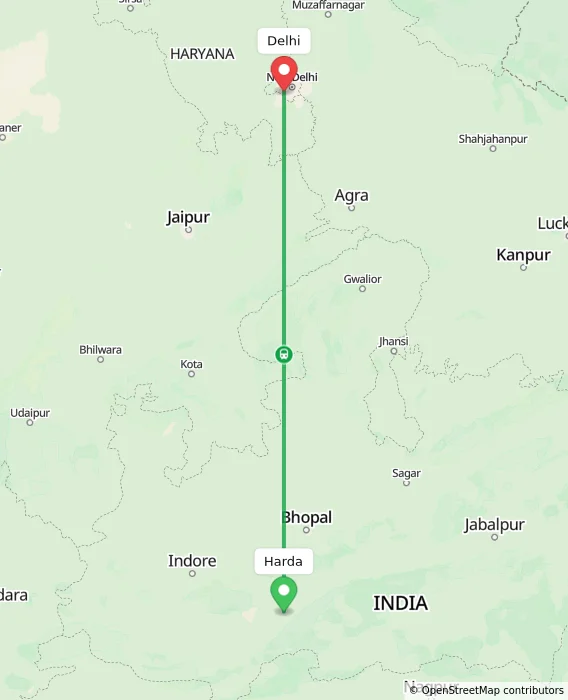Route map showing distance and travel time from Harda, India to Delhi, India