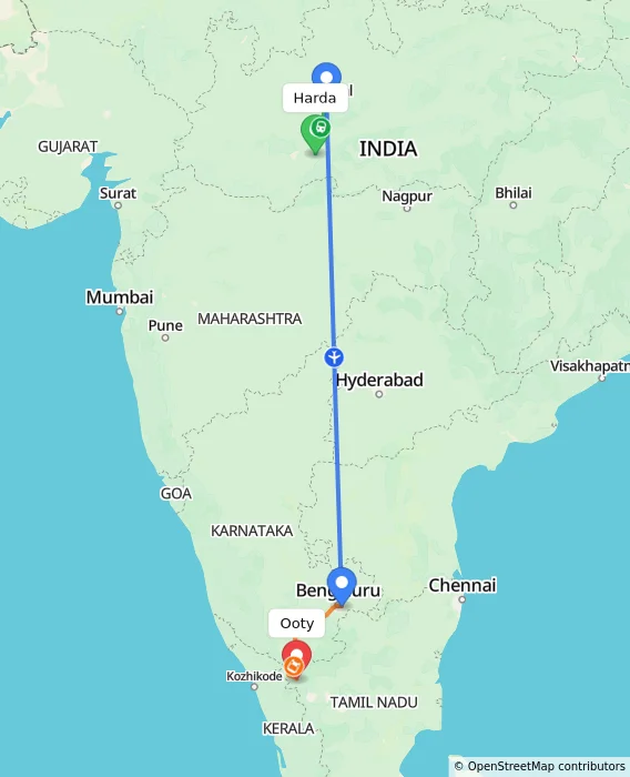 Route map showing distance and travel time from Harda, India to Ooty, India