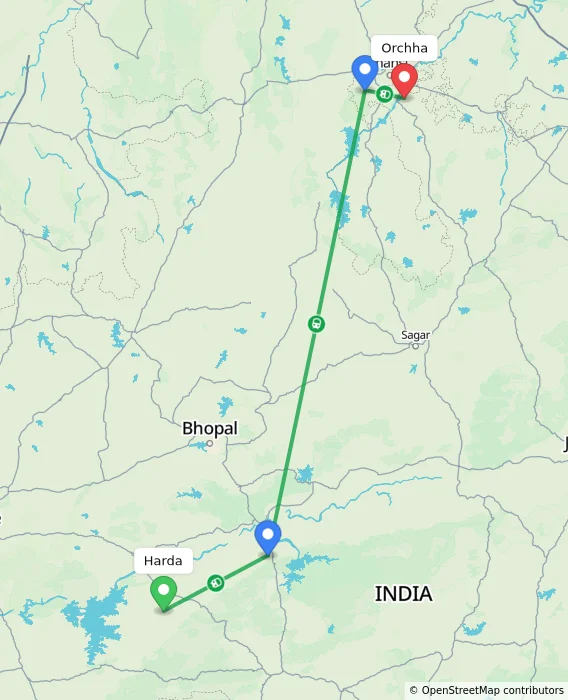 Route map showing distance and travel time from Harda, India to Orchha, India