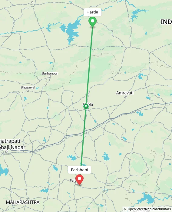 Route map showing distance and travel time from Harda, India to Parbhani, India
