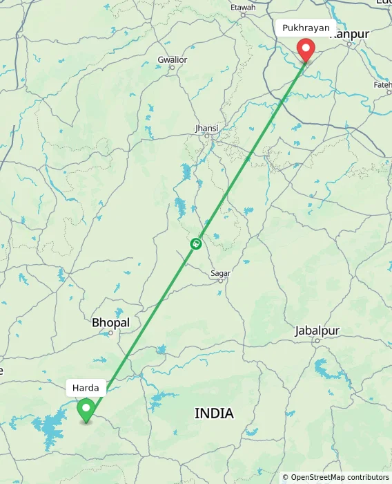 Route map showing distance and travel time from Harda, India to Pukhrayan, India