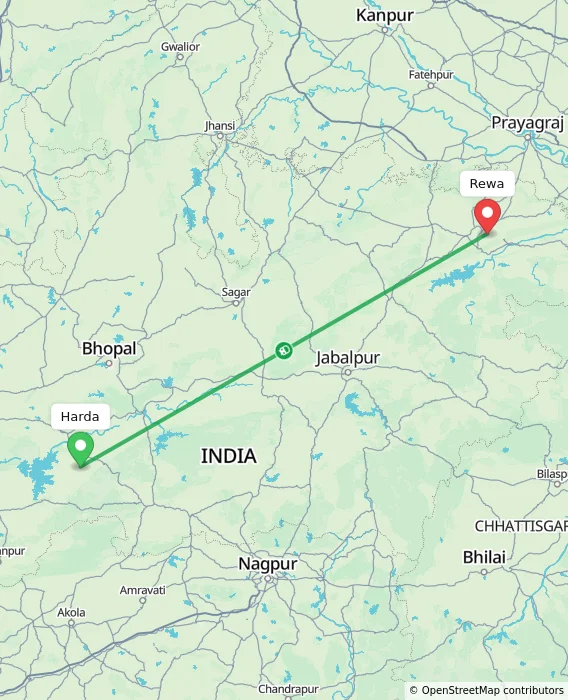 Route map showing distance and travel time from Harda, India to Rewa, India