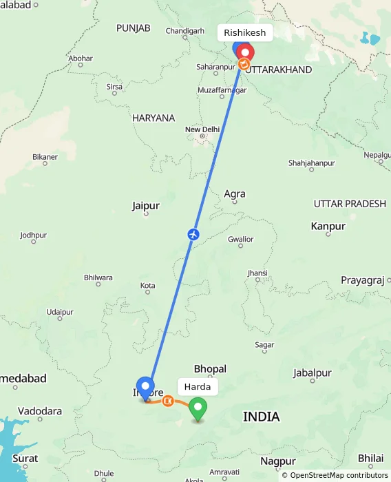 Route map showing distance and travel time from Harda, India to Rishikesh, India