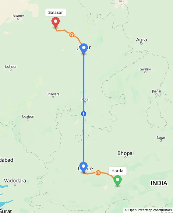 Route map showing distance and travel time from Harda, India to Salasar, India