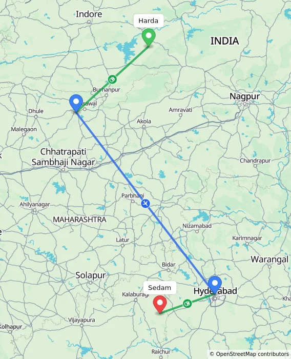 Route map showing distance and travel time from Harda, India to Sedam, India