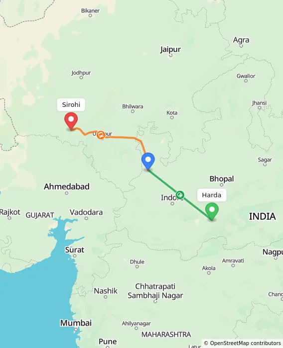 Route map showing distance and travel time from Harda, India to Sirohi, India