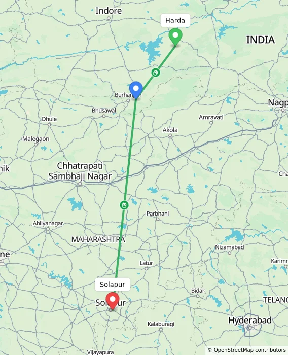 Route map showing distance and travel time from Harda, India to Solapur, India