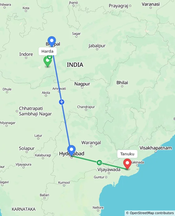 Route map showing distance and travel time from Harda, India to Tanuku, India
