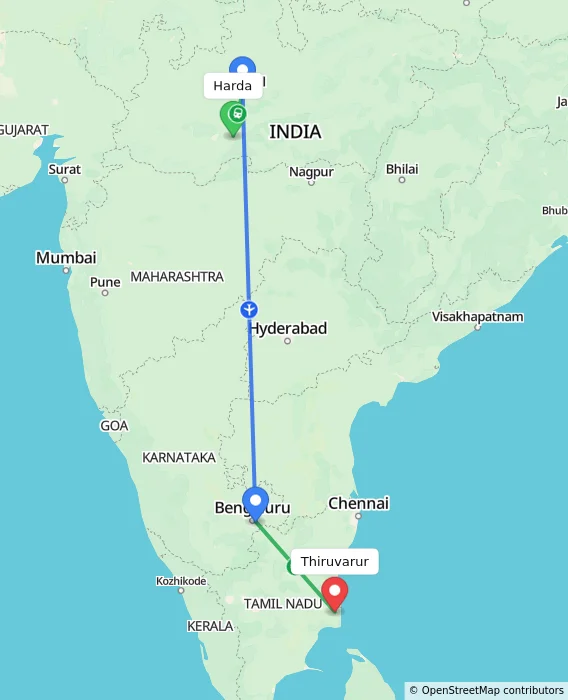 Route map showing distance and travel time from Harda, India to Thiruvarur, India
