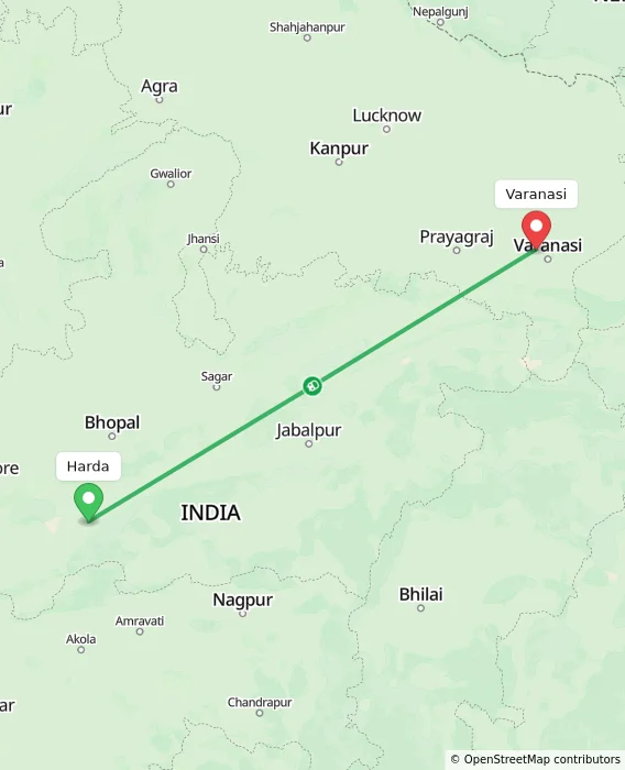 Route map showing distance and travel time from Harda, India to Varanasi, India