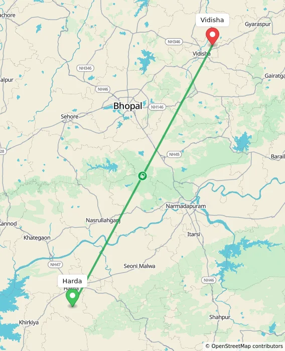 Route map showing distance and travel time from Harda, India to Vidisha, India