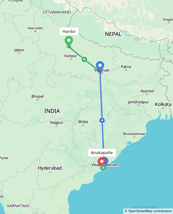 Route map showing distance and travel time from Hardoi, India to Anakapalle, India