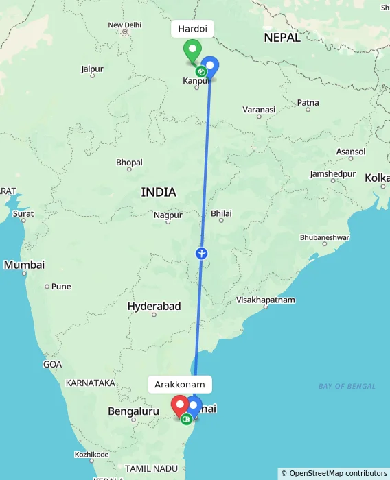 Route map showing distance and travel time from Hardoi, India to Arakkonam, India