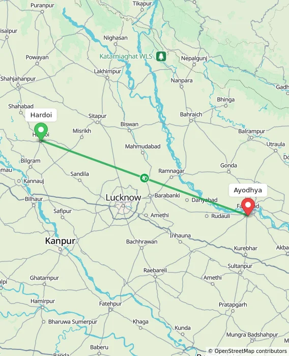Route map showing distance and travel time from Hardoi, India to Ayodhya, India