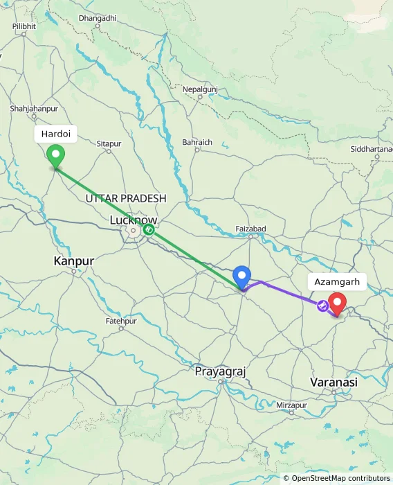 Route map showing distance and travel time from Hardoi, India to Azamgarh, India