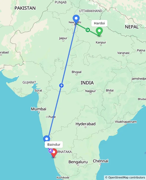 Route map showing distance and travel time from Hardoi, India to Baindur, India