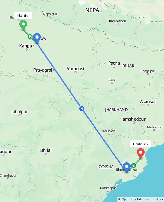 Route map showing distance and travel time from Hardoi, India to Bhadrak, India