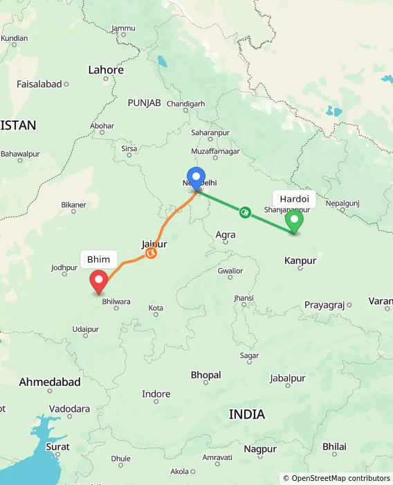 Route map showing distance and travel time from Hardoi, India to Bhim, India