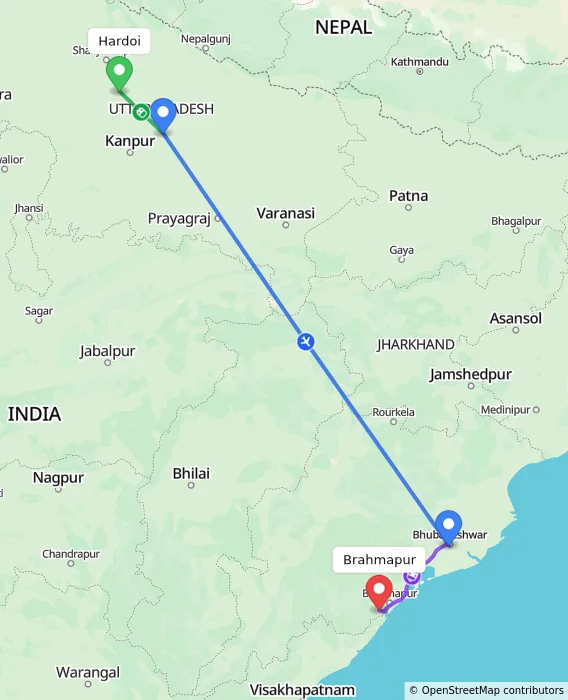 Route map showing distance and travel time from Hardoi, India to Brahmapur, India