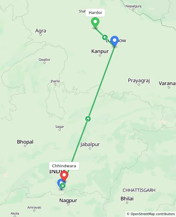Route map showing distance and travel time from Hardoi, India to Chhindwara, India