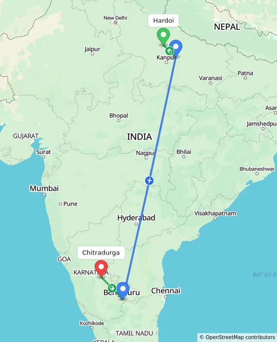 Route map showing distance and travel time from Hardoi, India to Chitradurga, India
