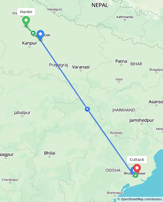 Route map showing distance and travel time from Hardoi, India to Cuttack, India