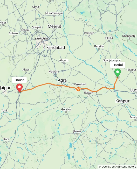 Route map showing distance and travel time from Hardoi, India to Dausa, India