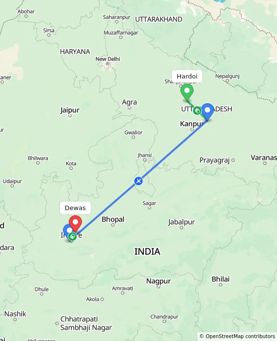 Route map showing distance and travel time from Hardoi, India to Dewas, India