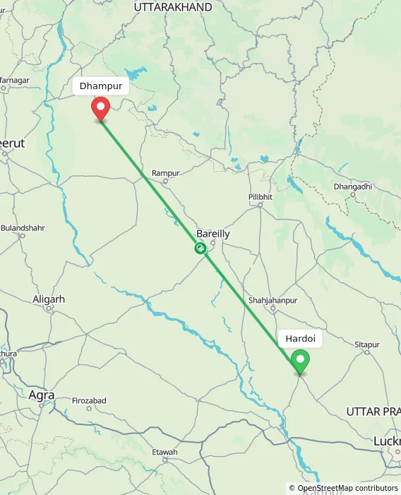 Route map showing distance and travel time from Hardoi, India to Dhampur, India