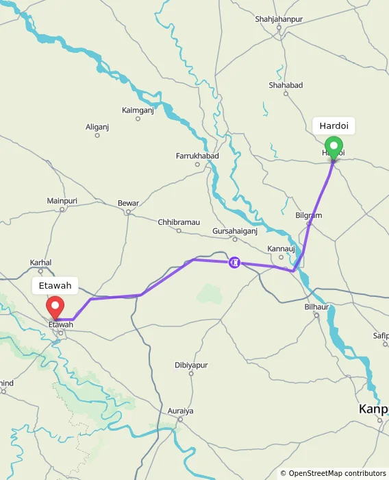 Route map showing distance and travel time from Hardoi, India to Etawah, India
