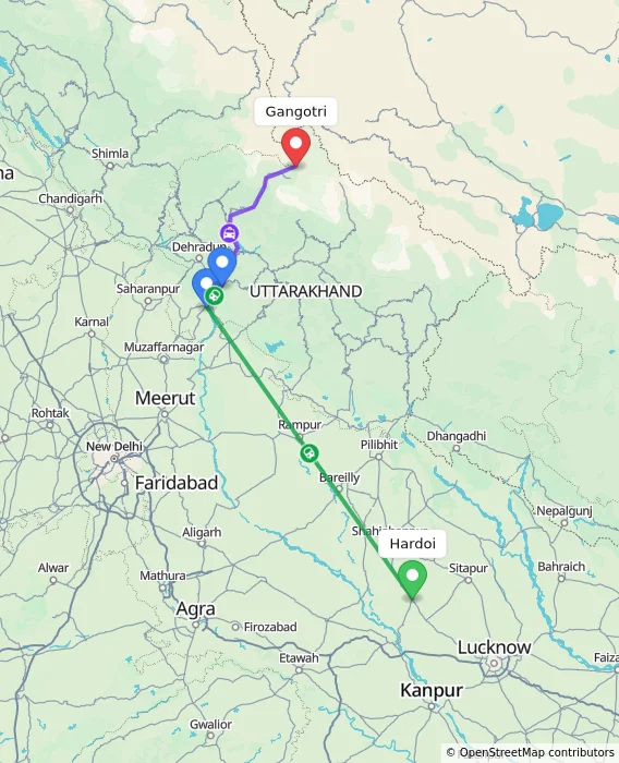 Route map showing distance and travel time from Hardoi, India to Gangotri, India