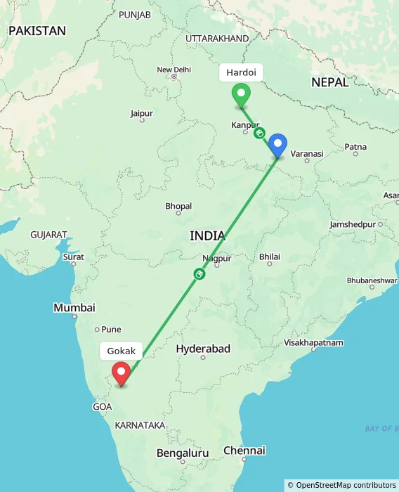 Route map showing distance and travel time from Hardoi, India to Gokak, India