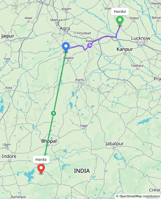 Route map showing distance and travel time from Hardoi, India to Harda, India