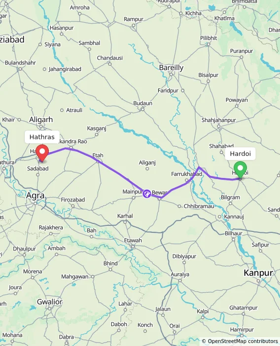 Route map showing distance and travel time from Hardoi, India to Hathras, India