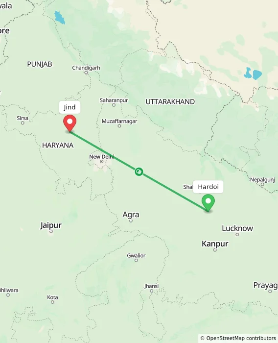 Route map showing distance and travel time from Hardoi, India to Jind, India