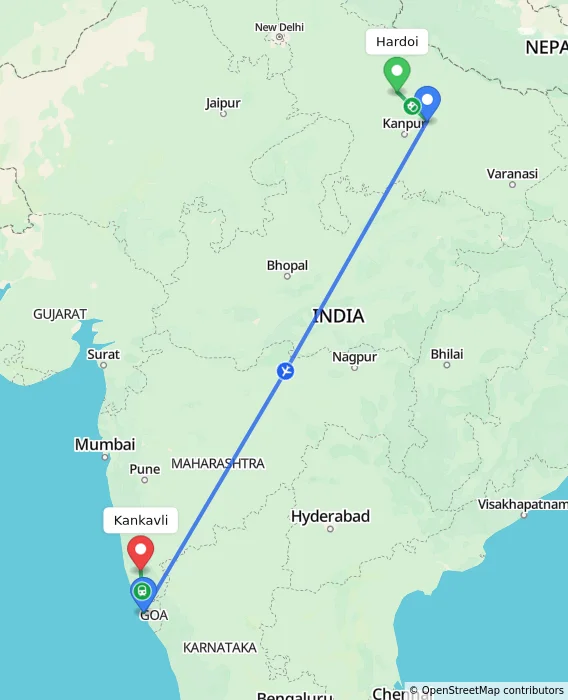 Route map showing distance and travel time from Hardoi, India to Kankavli, India