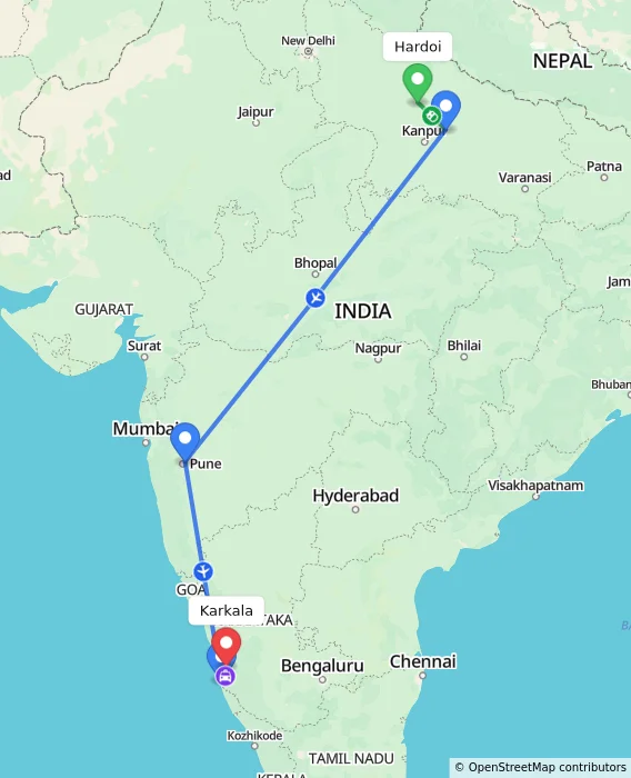 Route map showing distance and travel time from Hardoi, India to Karkala, India