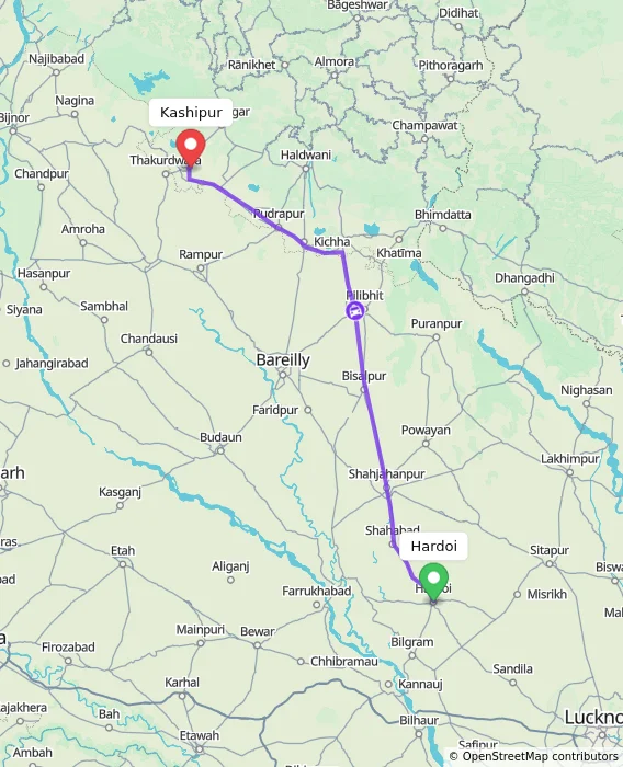 Route map showing distance and travel time from Hardoi, India to Kashipur, India