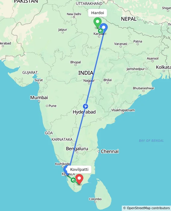 Route map showing distance and travel time from Hardoi, India to Kovilpatti, India