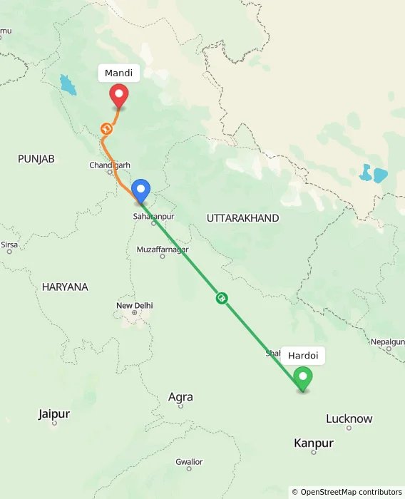 Route map showing distance and travel time from Hardoi, India to Mandi, India