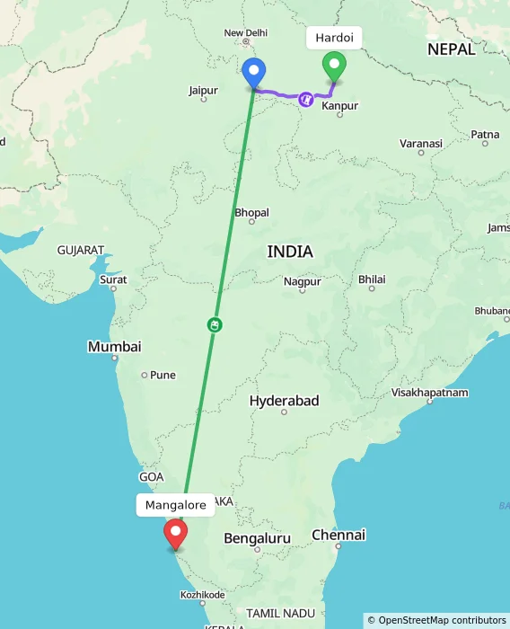 Route map showing distance and travel time from Hardoi, India to Mangalore, India
