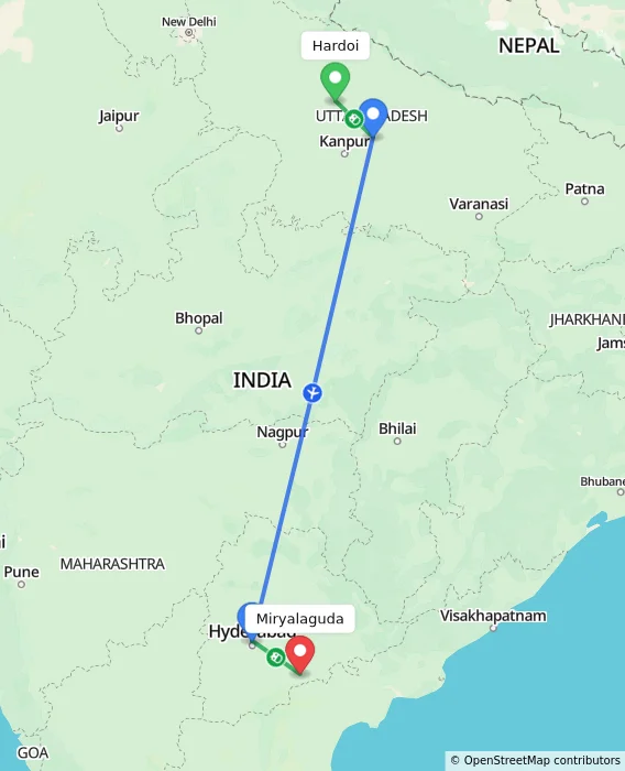 Route map showing distance and travel time from Hardoi, India to Miryalaguda, India