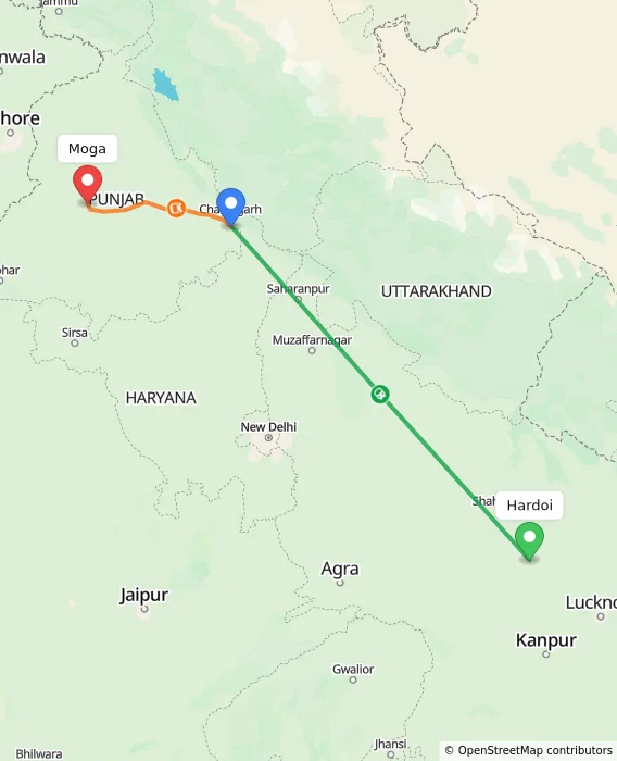 Route map showing distance and travel time from Hardoi, India to Moga, India