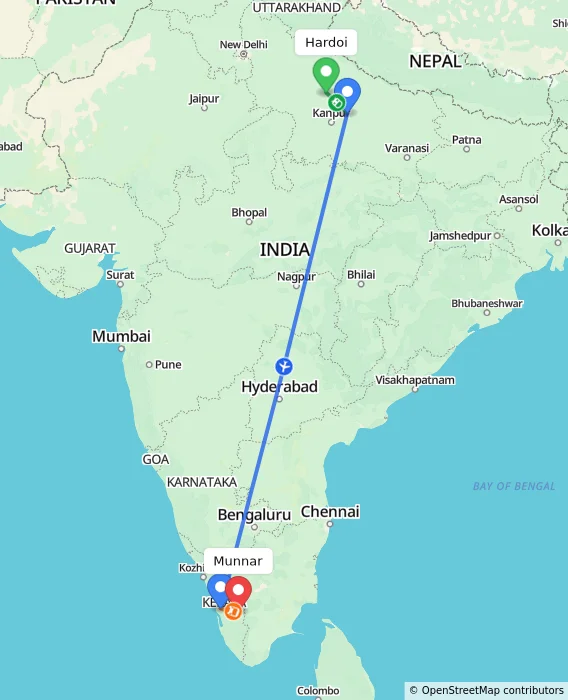 Route map showing distance and travel time from Hardoi, India to Munnar, India