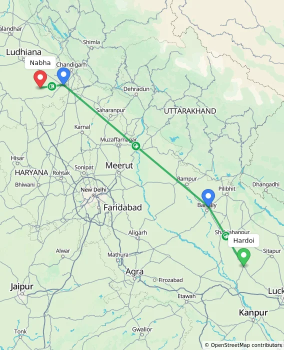 Route map showing distance and travel time from Hardoi, India to Nabha, India