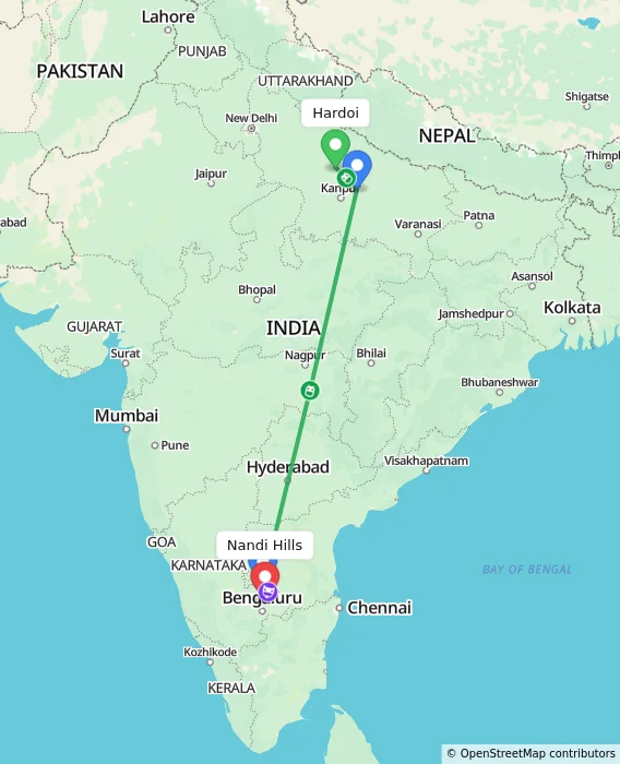 Route map showing distance and travel time from Hardoi, India to Nandi Hills, India