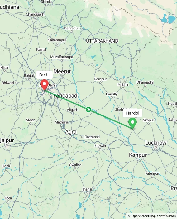 Route map showing distance and travel time from Hardoi, India to Delhi, India