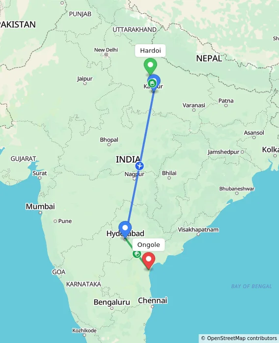 Route map showing distance and travel time from Hardoi, India to Ongole, India
