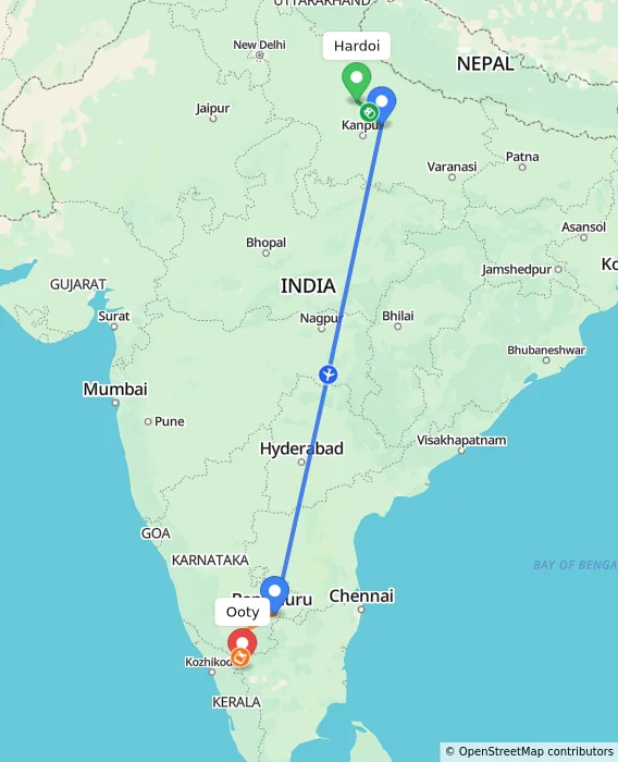 Route map showing distance and travel time from Hardoi, India to Ooty, India