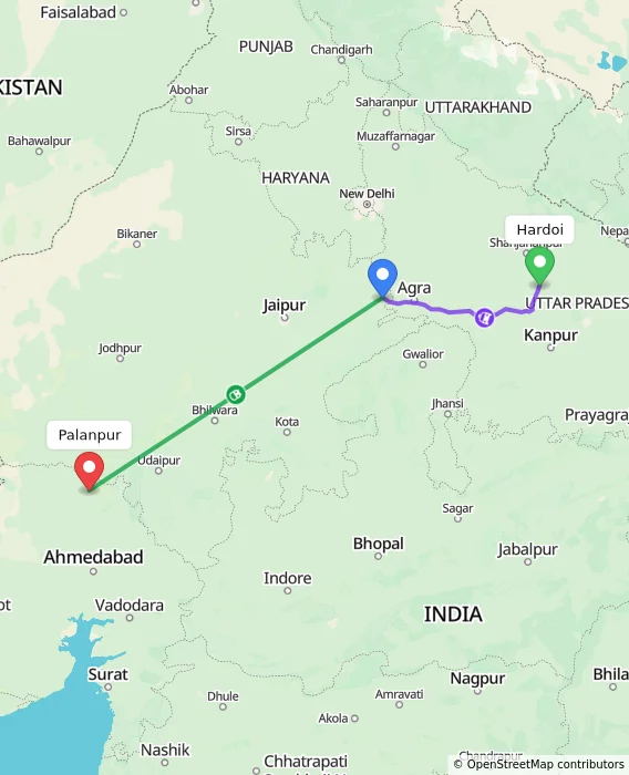 Route map showing distance and travel time from Hardoi, India to Palanpur, India